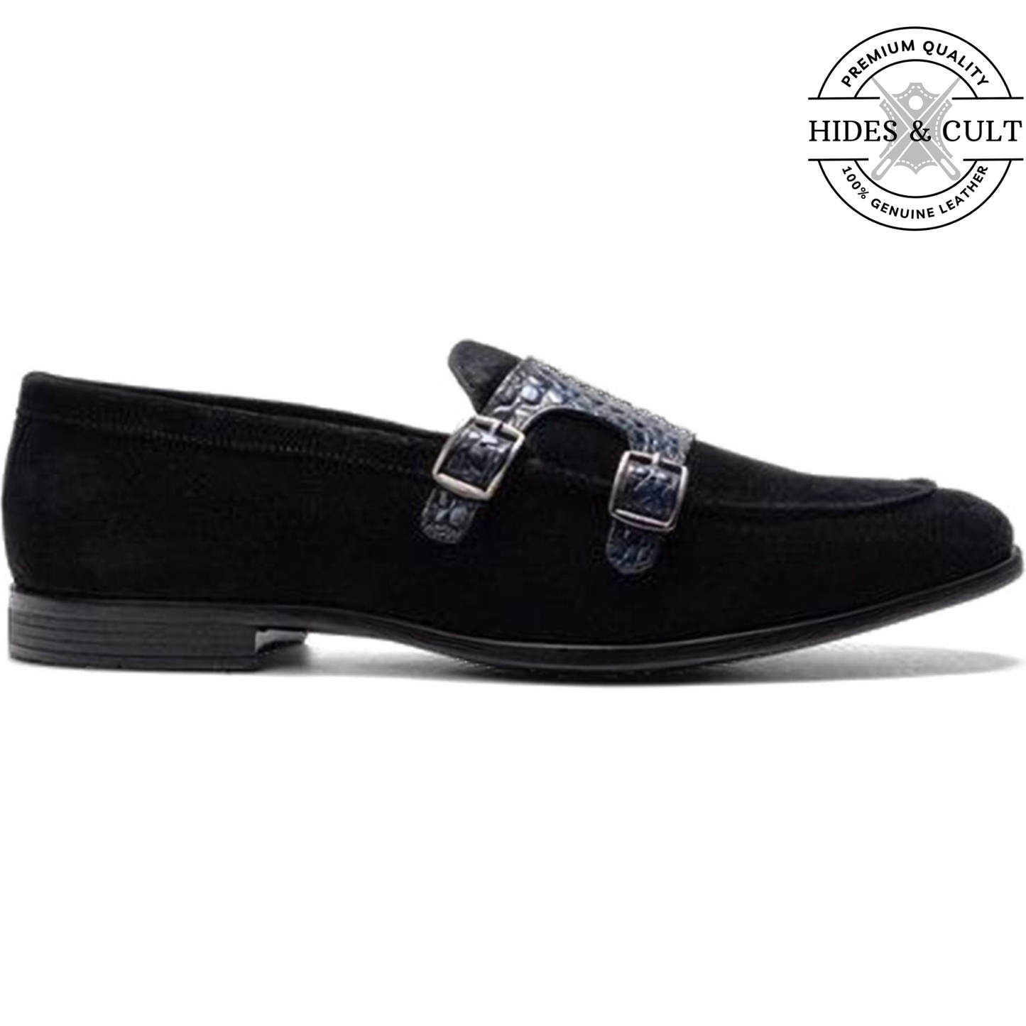 Black Suede - Blue Croc Double Monk Strap SlipOn Loafers | Hides&Cult