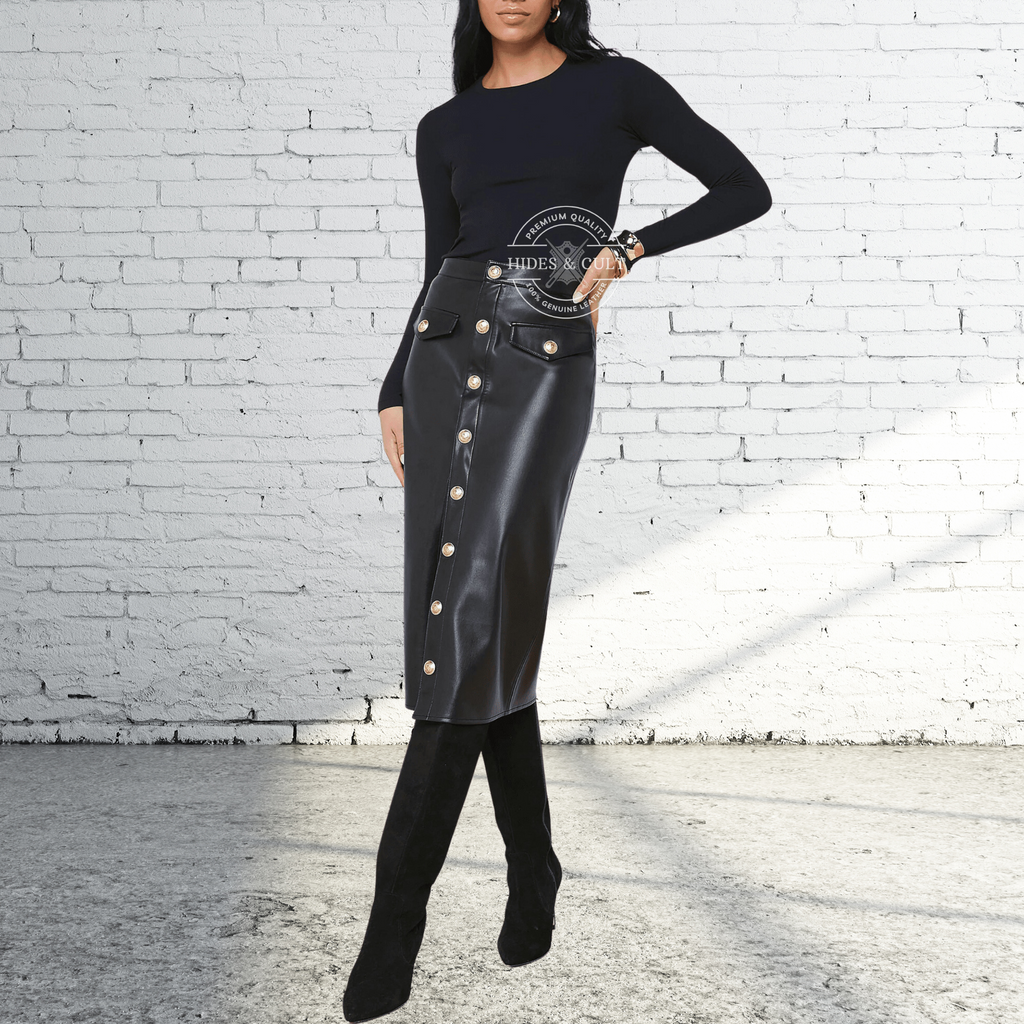 Womens Black Front Gold Buttoned Midi Length Genuine Leather Pencil Skirt