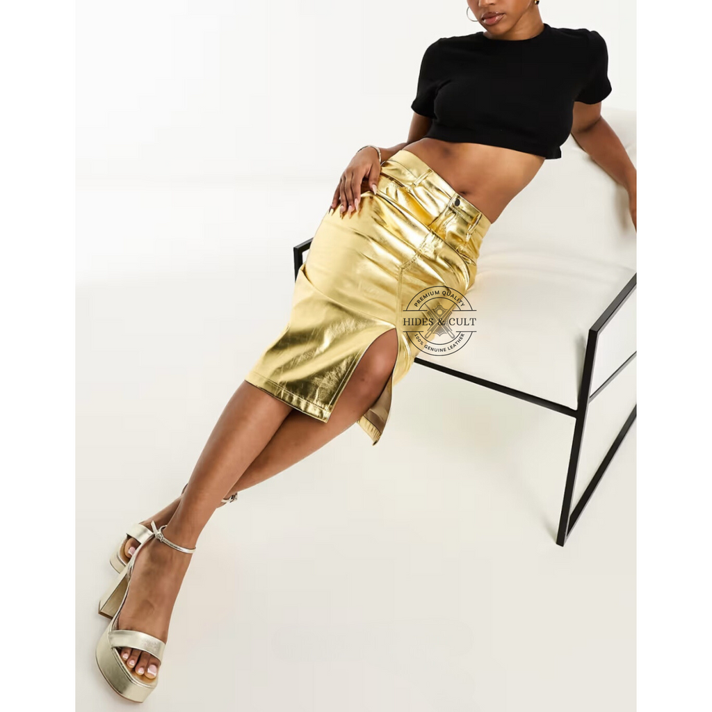 Womens Gold Metallic Foil Effect Multi Pockets Genuine Leather Pencil Skirt