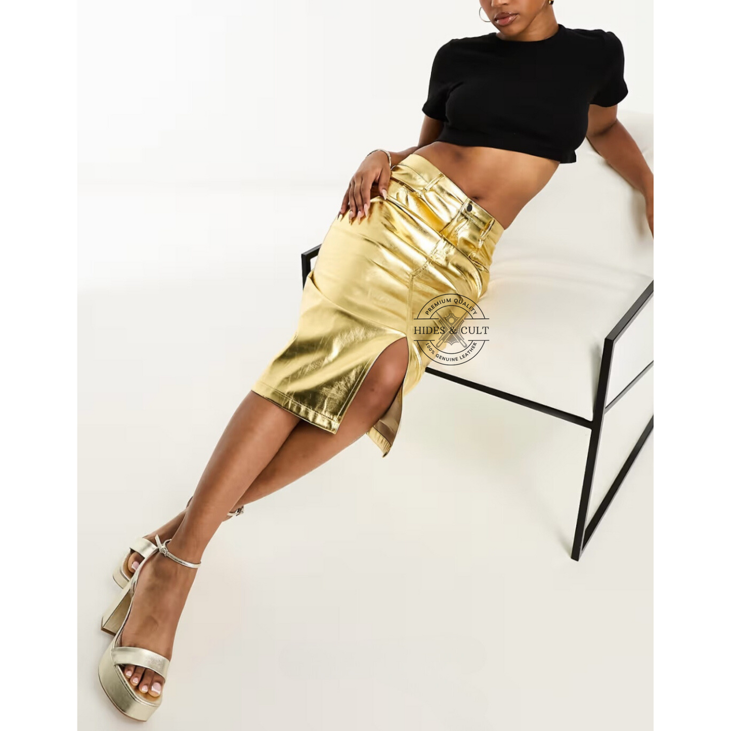 Womens Gold Metallic Foil Effect Multi Pockets Genuine Leather Pencil Skirt