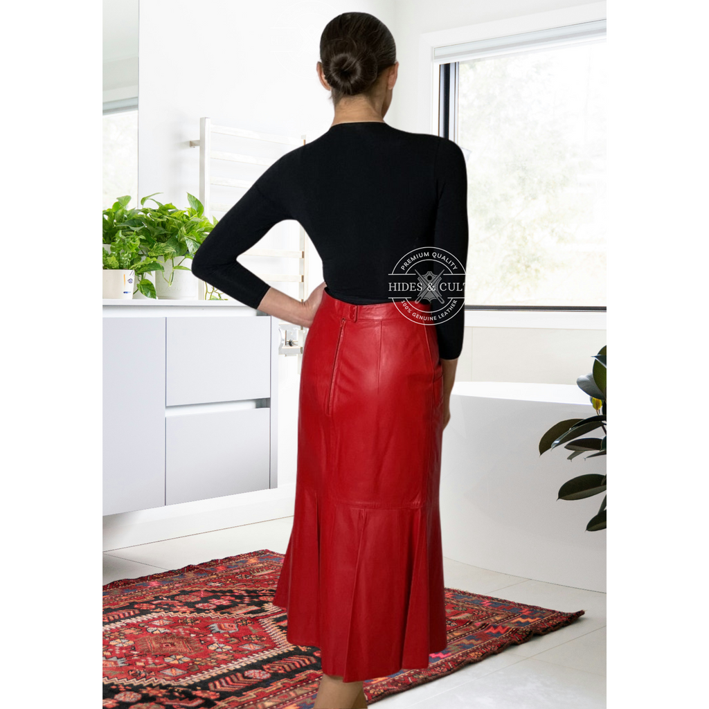 Womens 80s Red Mermaid Fishtail Hem Trumpet Genuine Leather Skirt
