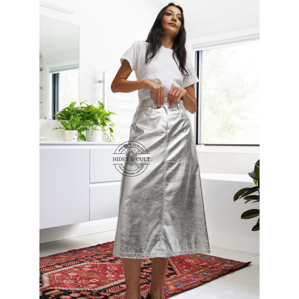 Womens Silver Metallic Foil Effect Panelled Genuine Leather Long Skirt