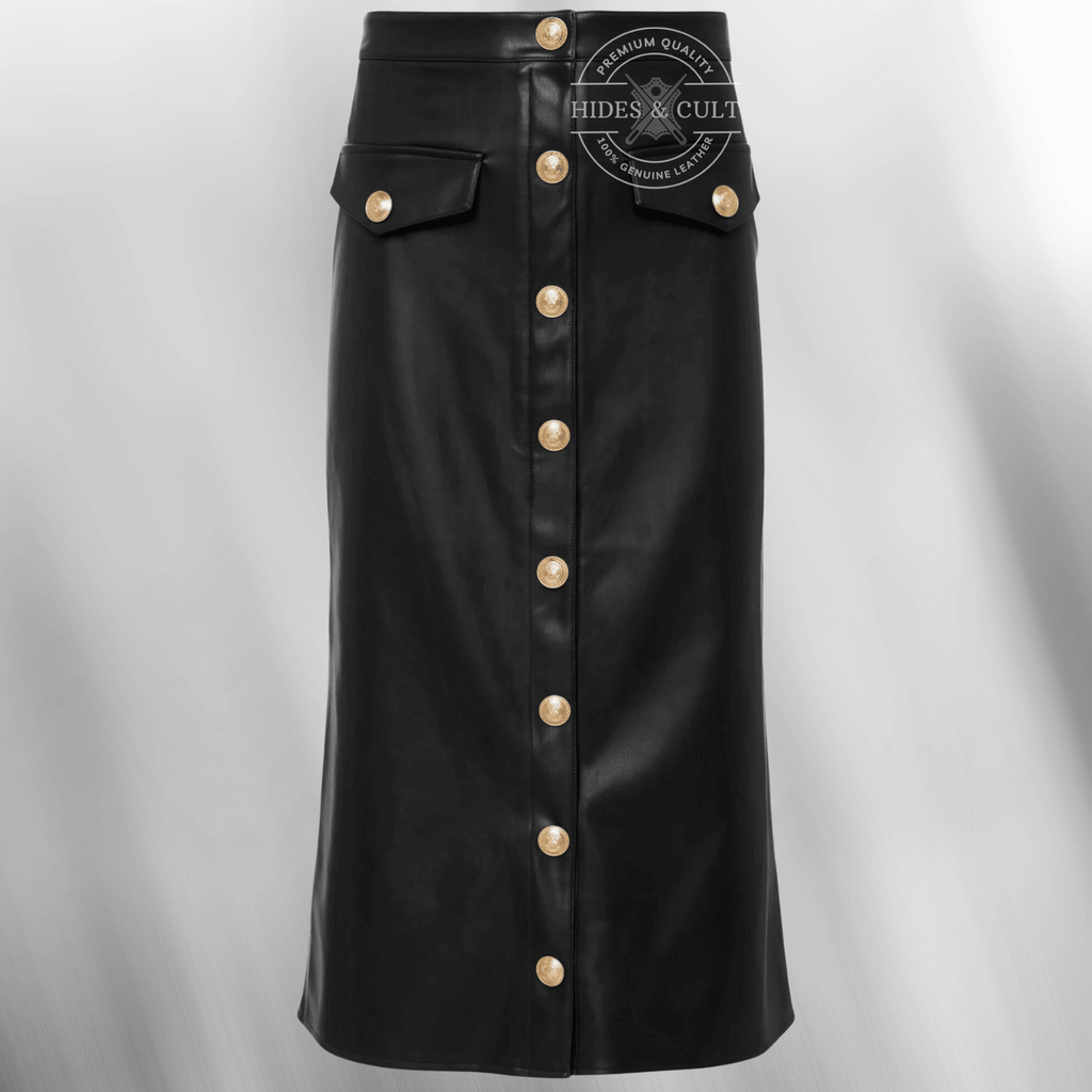 Womens Black Front Gold Buttoned Midi Length Genuine Leather Pencil Skirt