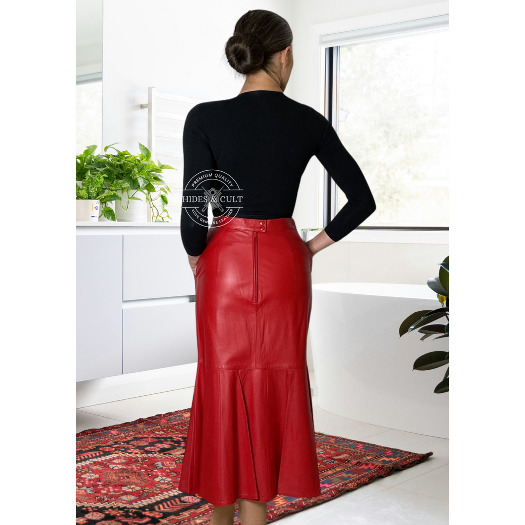 Womens 80s Red Mermaid Fishtail Hem Trumpet Genuine Leather Skirt