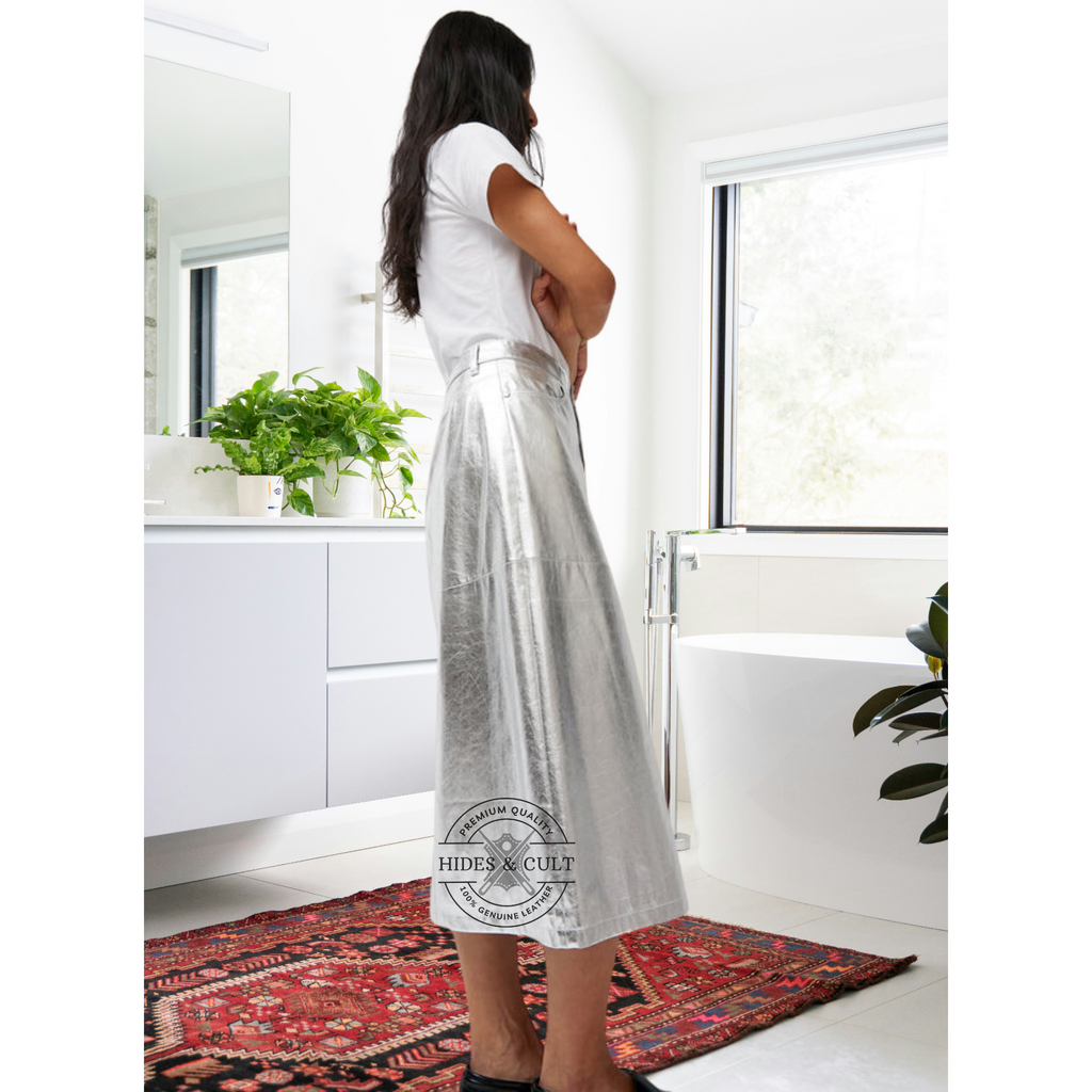 Womens Silver Metallic Foil Effect Panelled Genuine Leather Long Skirt