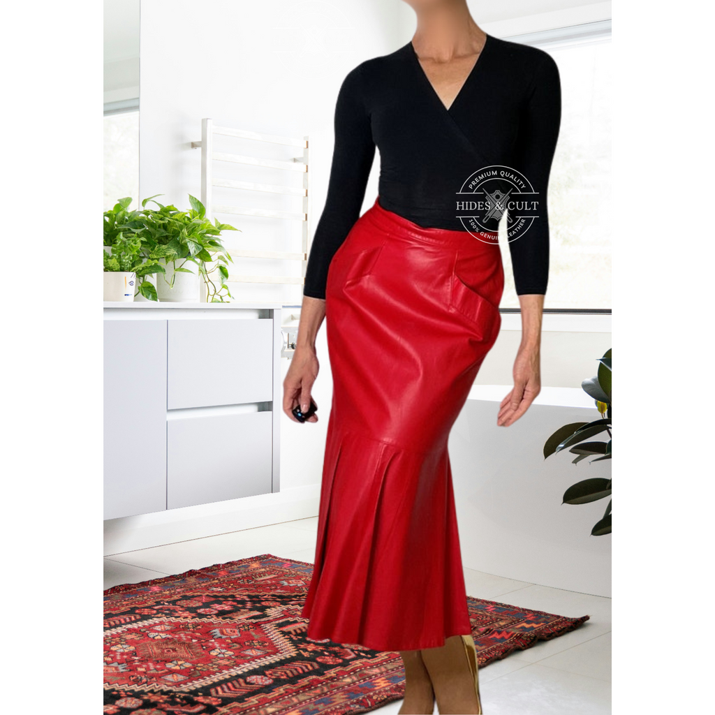 Womens 80s Red Mermaid Fishtail Hem Trumpet Genuine Leather Skirt
