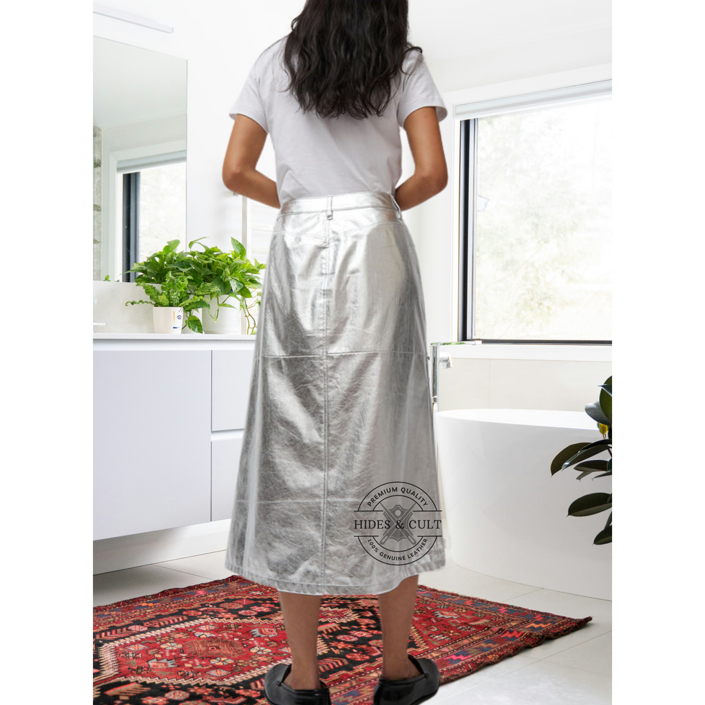 Womens Silver Metallic Foil Effect Panelled Genuine Leather Long Skirt
