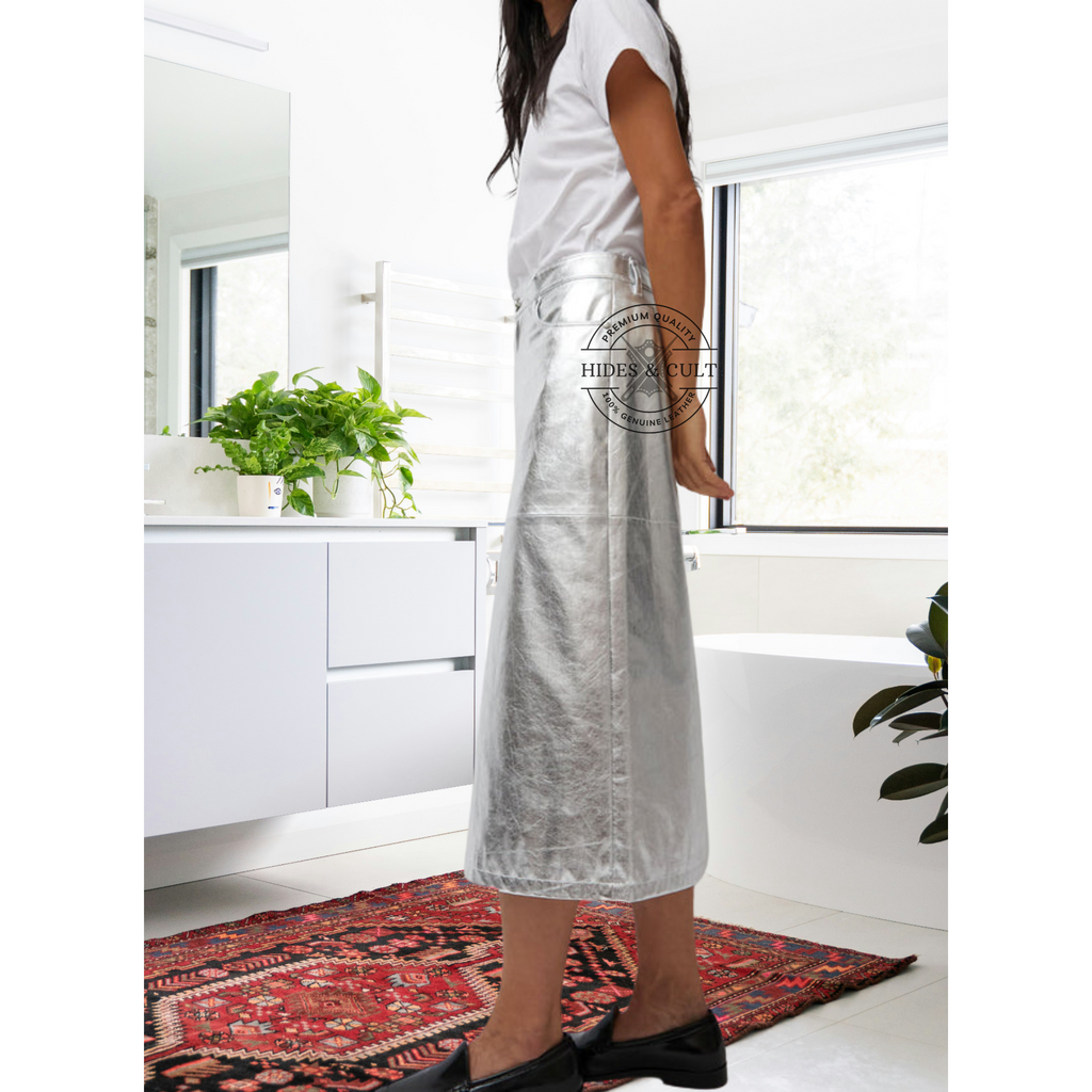 Womens Silver Metallic Foil Effect Panelled Genuine Leather Long Skirt