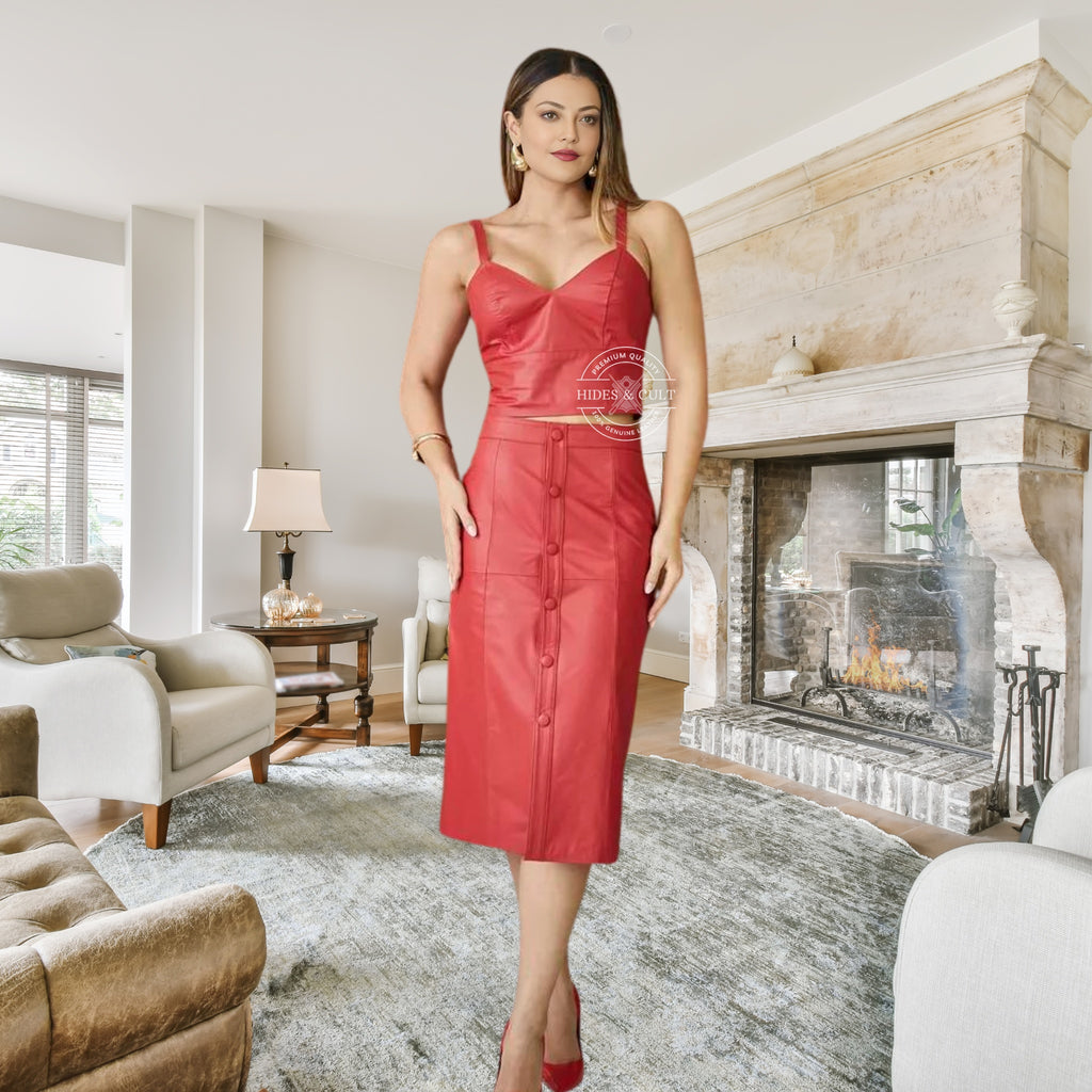 Womens Purple - Red Front Buttoned Genuine Leather Midi Skirt