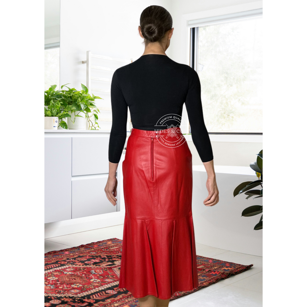 Womens 80s Red Mermaid Fishtail Hem Trumpet Genuine Leather Skirt
