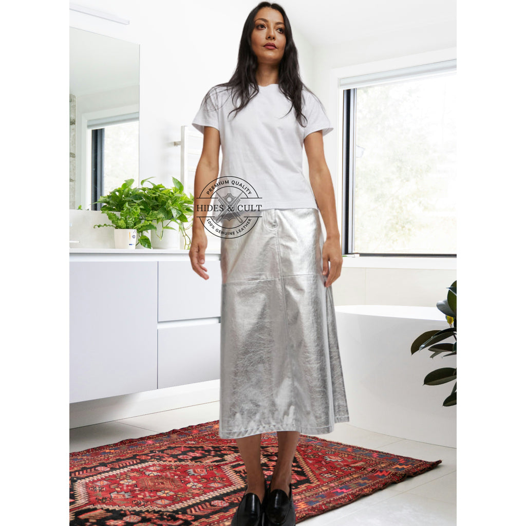 Womens Silver Metallic Foil Effect Panelled Genuine Leather Long Skirt