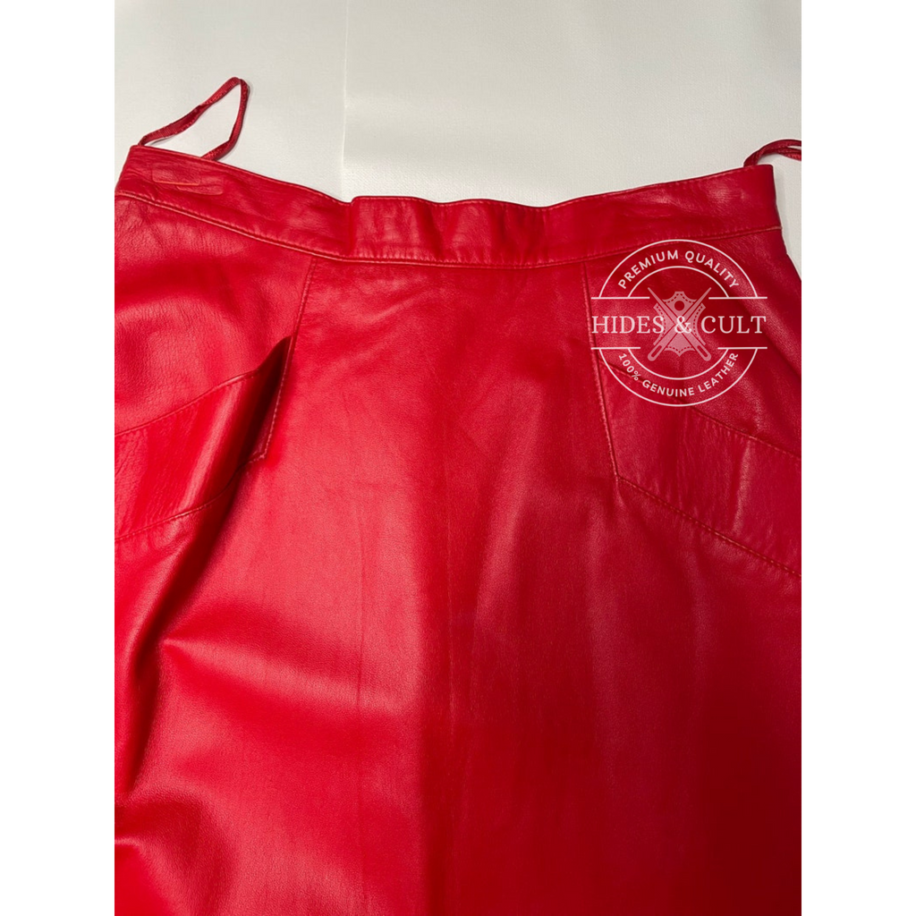 Womens 80s Red Mermaid Fishtail Hem Trumpet Genuine Leather Skirt