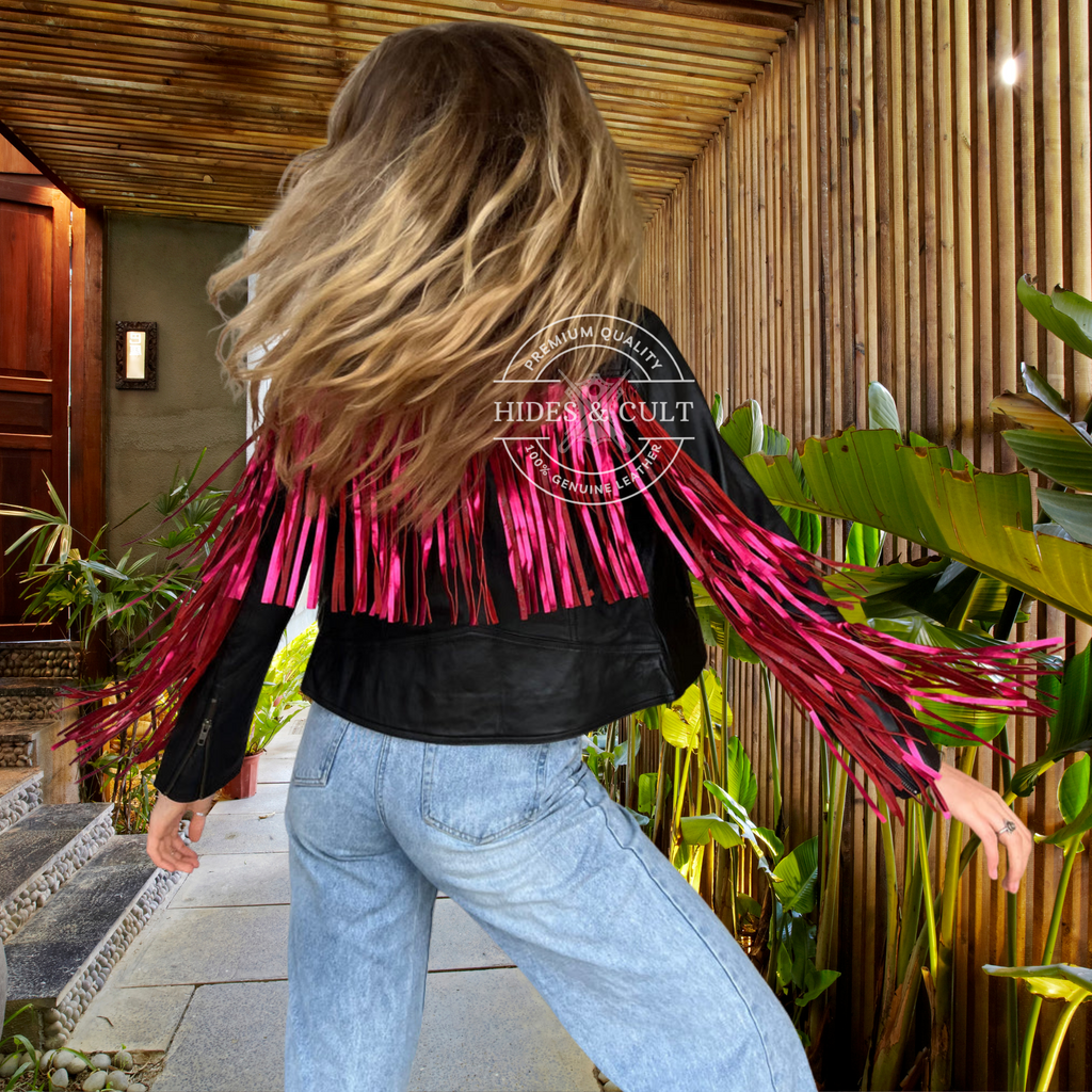Womens Black with Fuchsia Metallic Foil Fringed Gold Hardware Leather Jacket