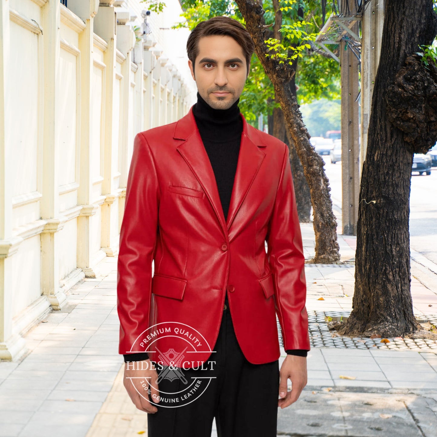 Men's Red Slim Fit Business Leather Blazer