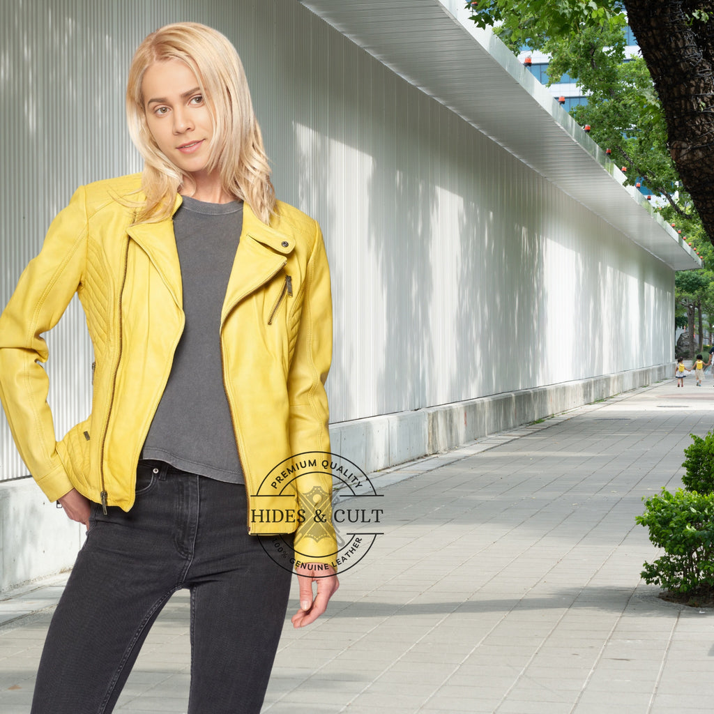 Womens Yellow Quilted Motorcycle Biker Leather Jacket