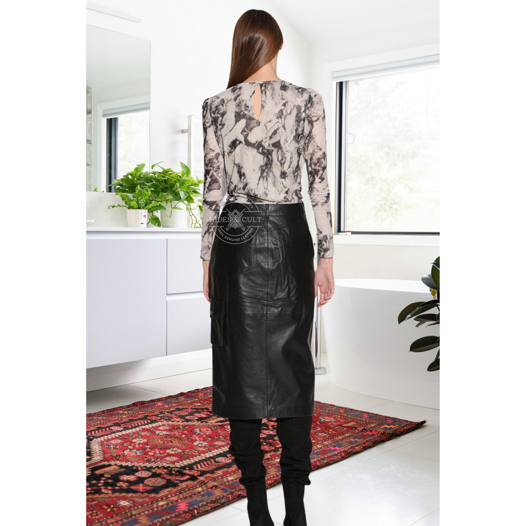 Womens Black A Line Midi Pencil Leather Skirt with Pockets