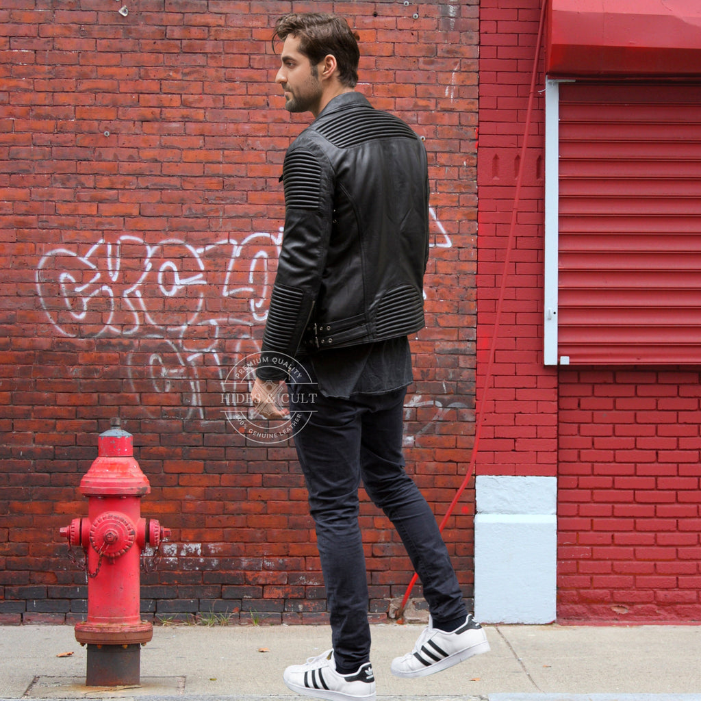 Mens Black Slim Fit Motorcycle Biker Leather Jacket