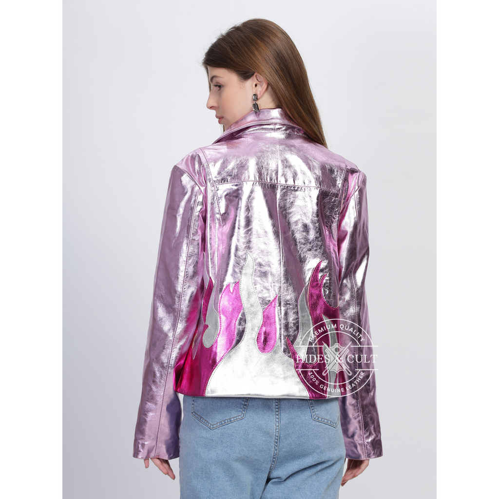 Womens Pink Metallic Foil Fire Effect Genuine Leather Jacket