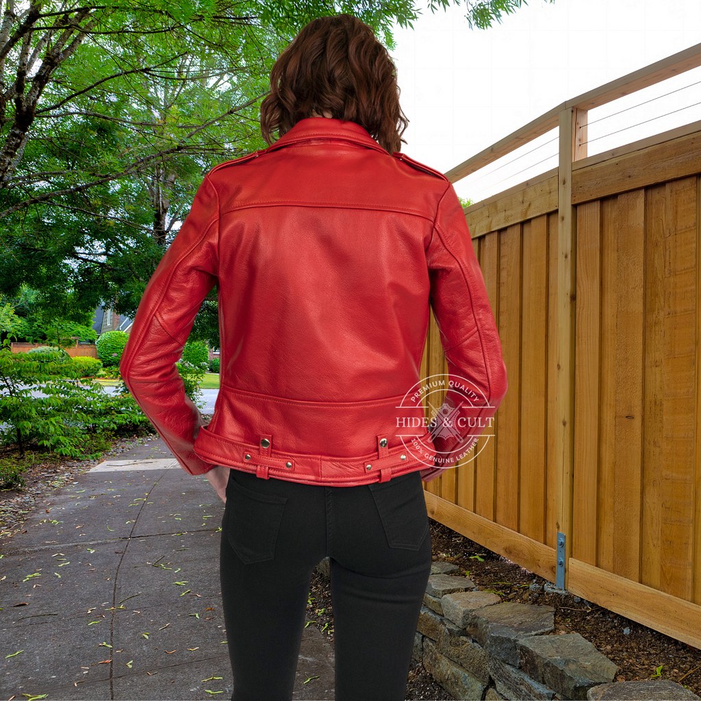 Womens Rich Red Motorcycle Biker Genuine Leather Jacket