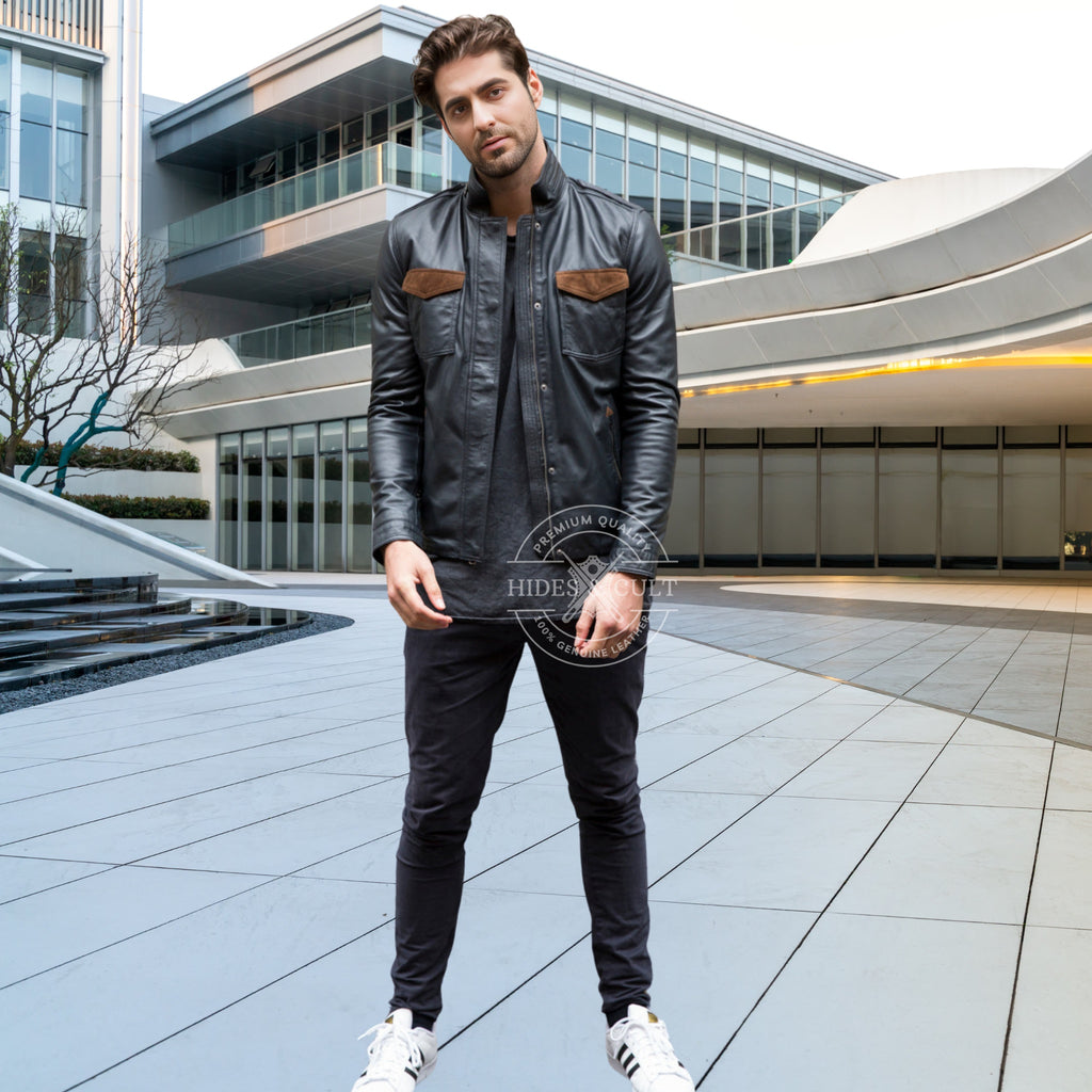 Mens Black - Brown Suede Patch Pocket Genuine Leather Jacket