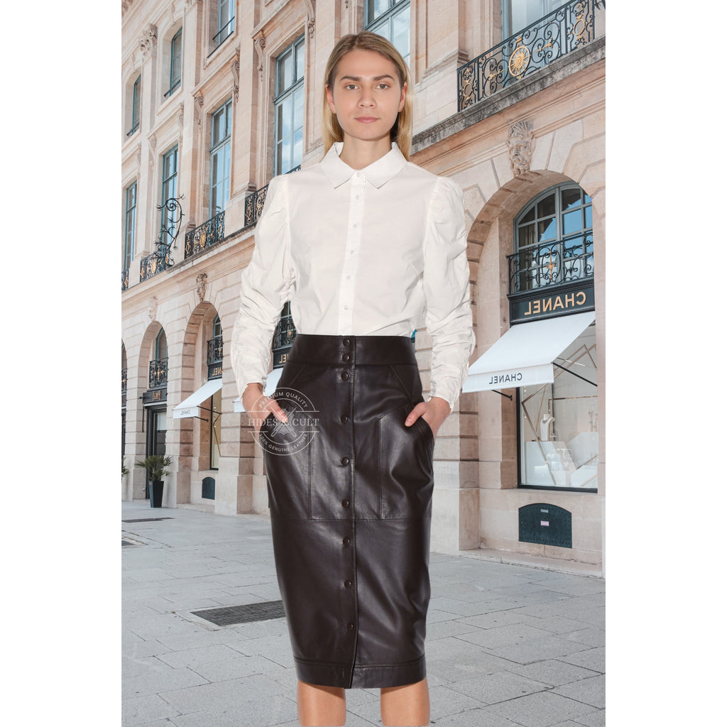 Womens Dark Brown Panelled Genuine Leather Midi Skirt with Pockets