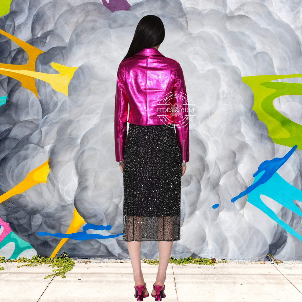 Womens Fuchsia Pink Metallic Foil Effect Genuine Leather Mini Skir with Pockets