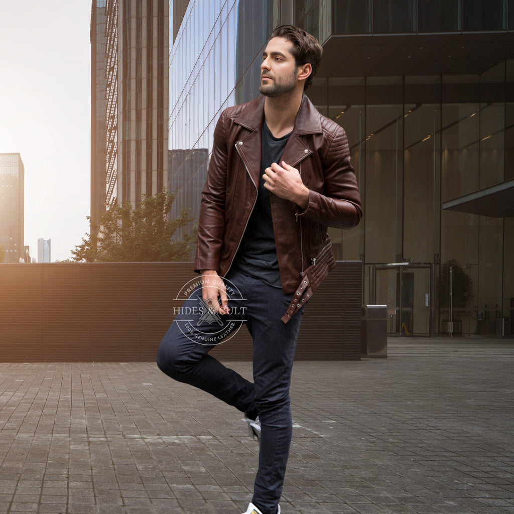 Mens Brown Tailored Motorcycle Biker Genuine Leather Jacket