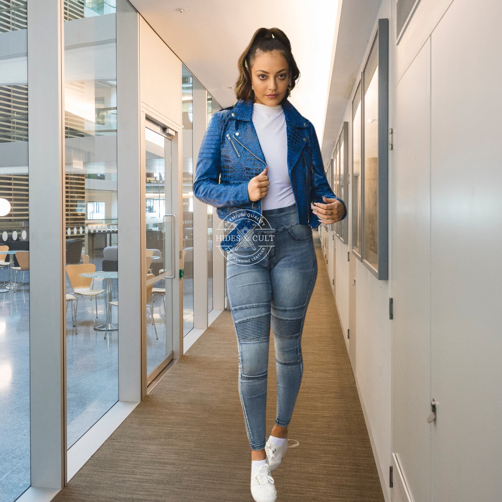 Womens Blue Croc Embossed Effect Motorcycle Biker Genuine Leather Jacket