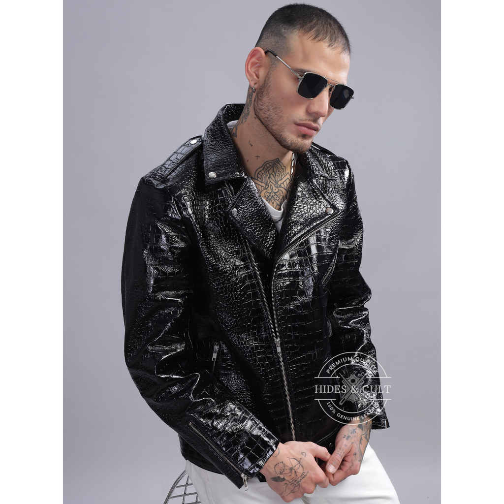 Mens Black Patent Croc Effect Motorcycle Biker Genuine Leather Jacket
