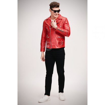 Mens Blood Red Slim Fit Motorcycle Biker Leather Jacket