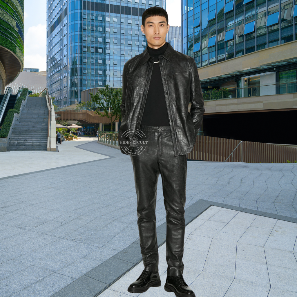 Mens Black Alligator Embossed Effect Genuine Leather Shirt