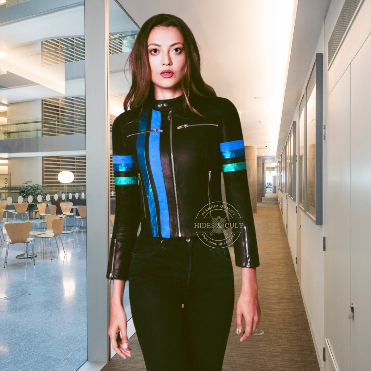 Womens Black - Metallic Stripes Motorcycle Racer Genuine Leather Jacket