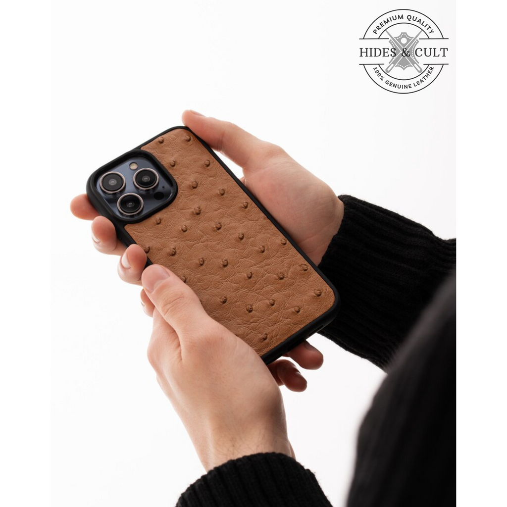 Luxury Tan Brown Ostrich Print Shockproof Genuine Leather Iphone Case