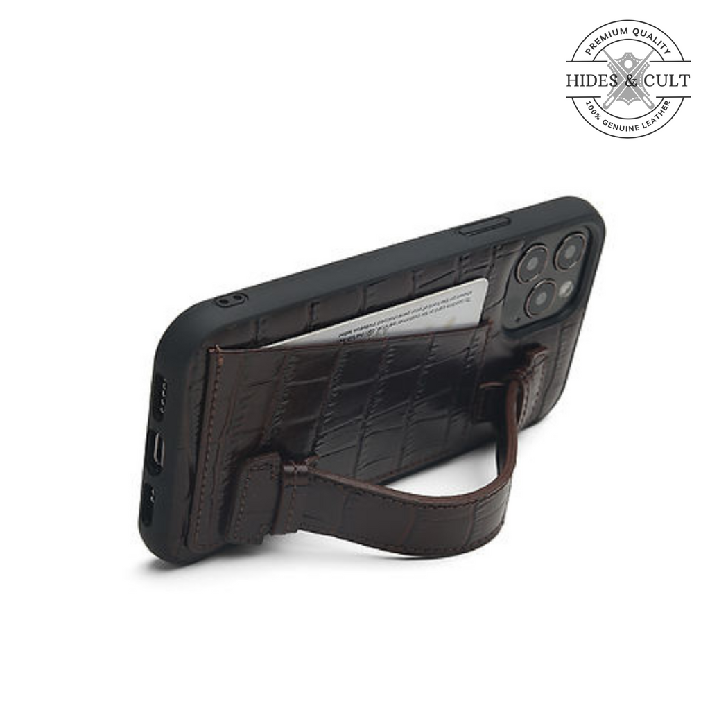 Luxury Brown - Blue Croc Embossed Shockproof Genuine Leather Iphone Case with Handle