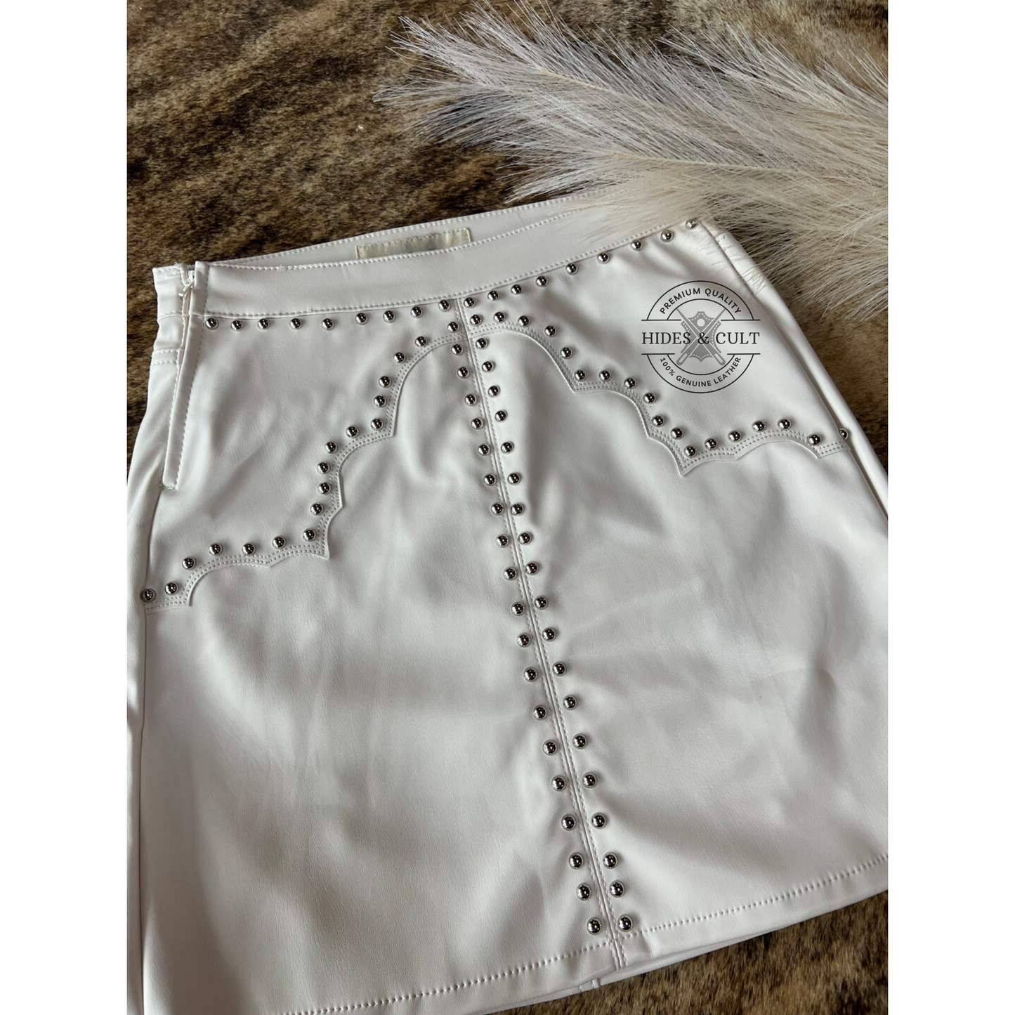 Womens White Studded Fetish Style Genuine Leather Mini Skirt