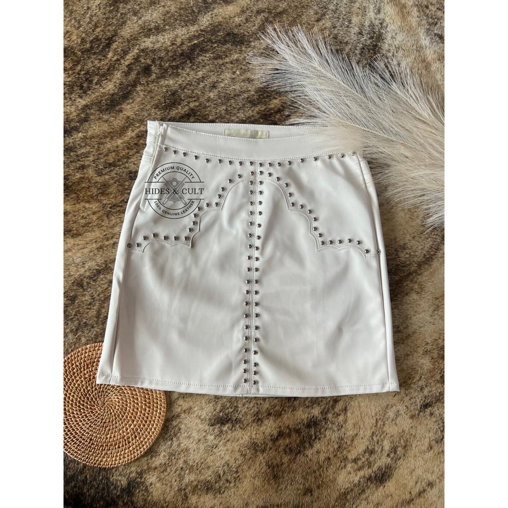 Womens White Studded Fetish Style Genuine Leather Mini Skirt