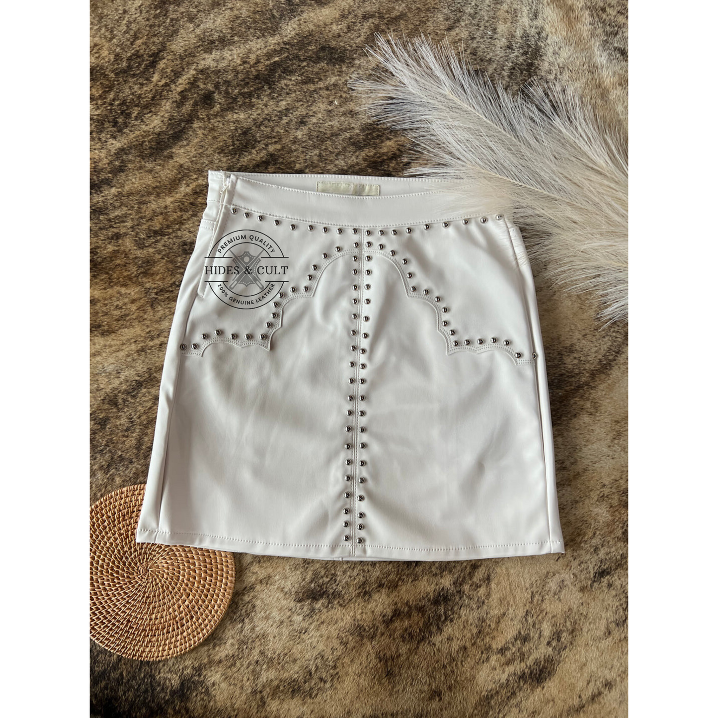 Womens White Studded Fetish Style Genuine Leather Mini Skirt