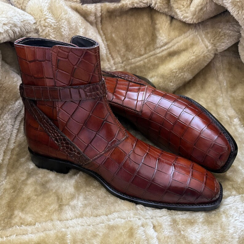 Croco High Ankle Jodhpur Boots - Dark Tan | Hides&Cult