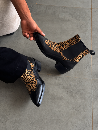 Handmade Black with Leopard Hair On Pointed Toe Cuban Heel Genuine Leather Boots Men | Hides&Cult