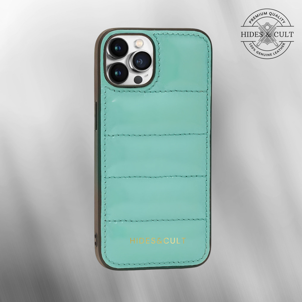 Luxury iPhone Puffer Case - Mint Patent Quilted Genuine Leather Iphone Case