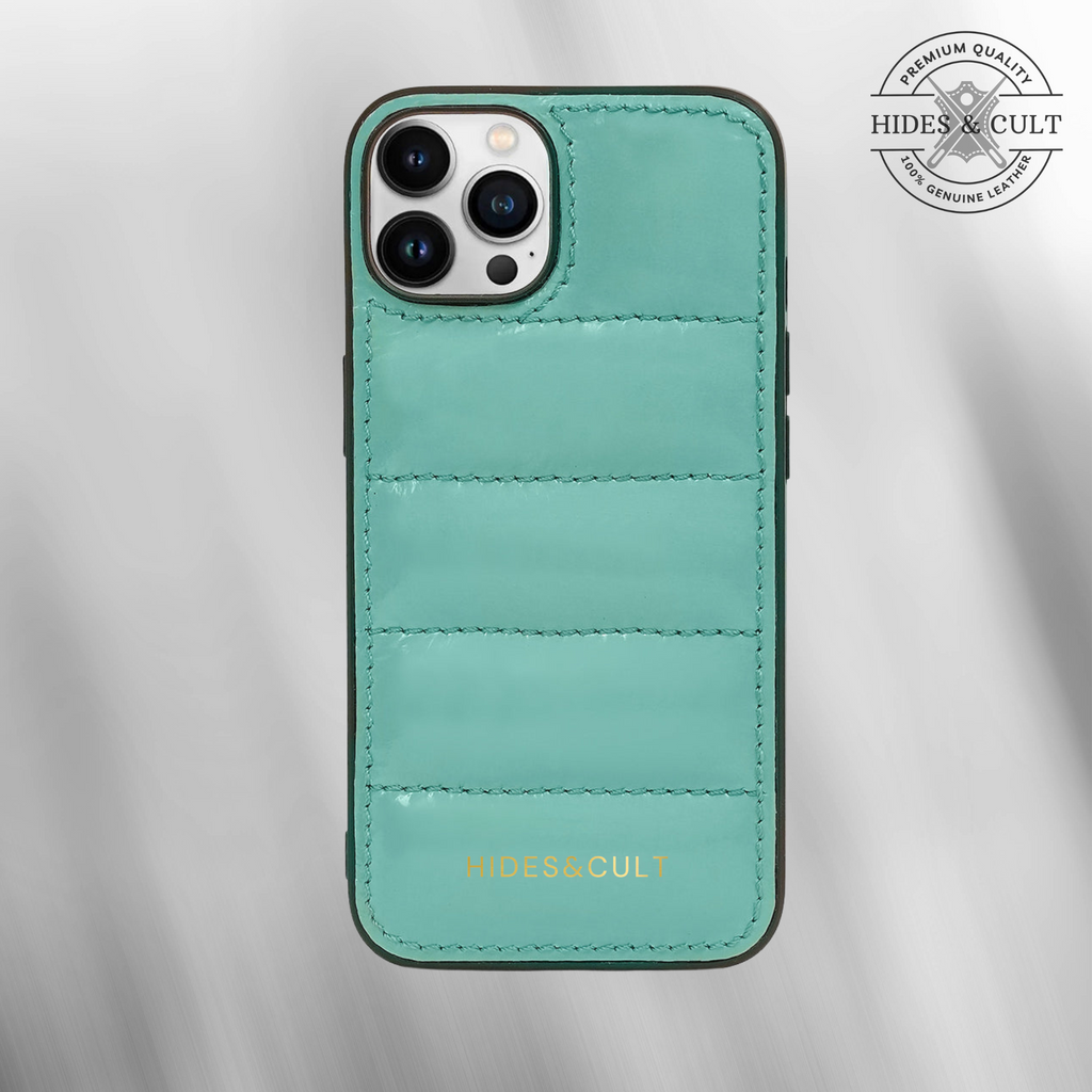 Luxury iPhone Puffer Case - Mint Patent Quilted Genuine Leather Iphone Case