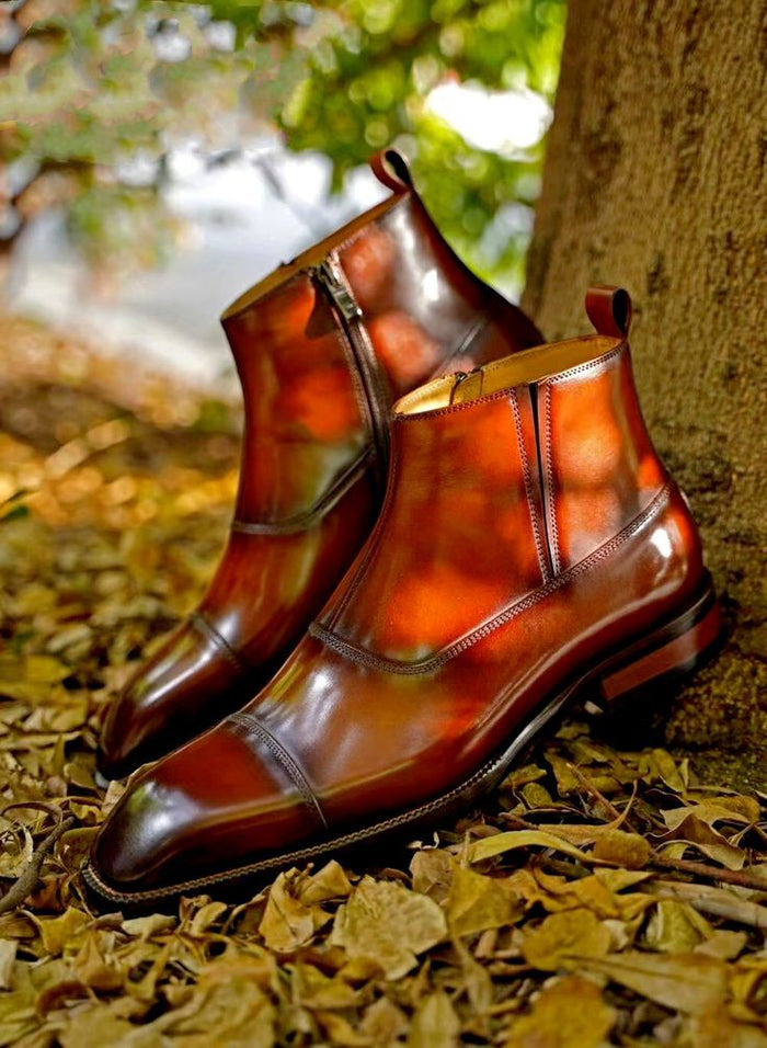 Black Toe Cut Side Zip Ankle Leather Boots | Hides&Cult