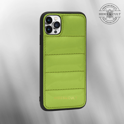 Luxury iPhone Puffer Case - Nature Green Patent Quilted Genuine Leather Iphone Case