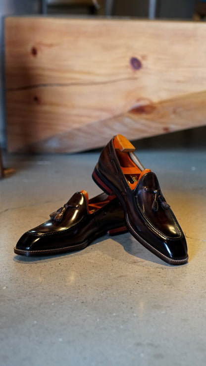Dark Brown Hand Painted Patina Tassel Loafers | Hides&Cult