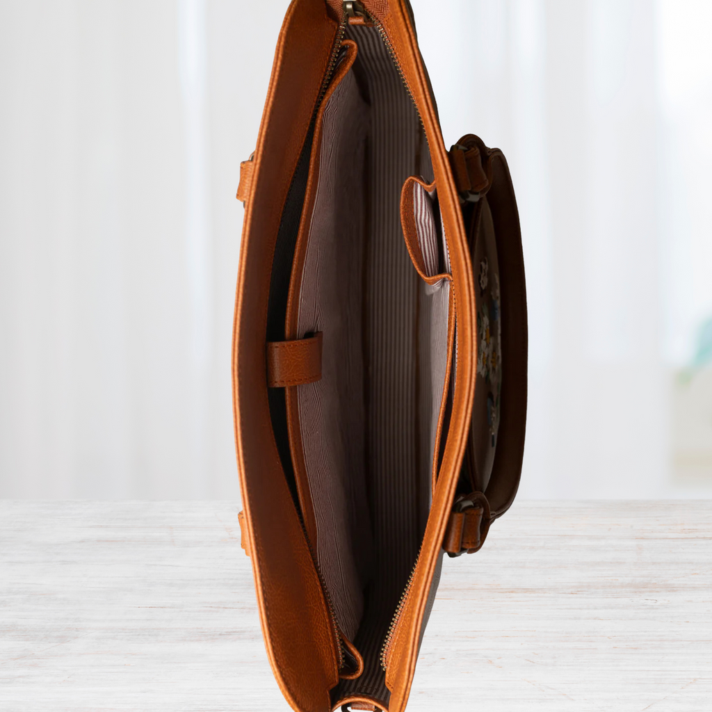 Handcrafted Tan - White Daisy Garden Embroidered Genuine Leather Laptop Bag