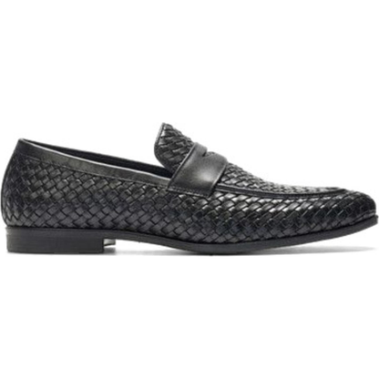 Black Woven Party-wear Leather SlipOns | Hides&Cult
