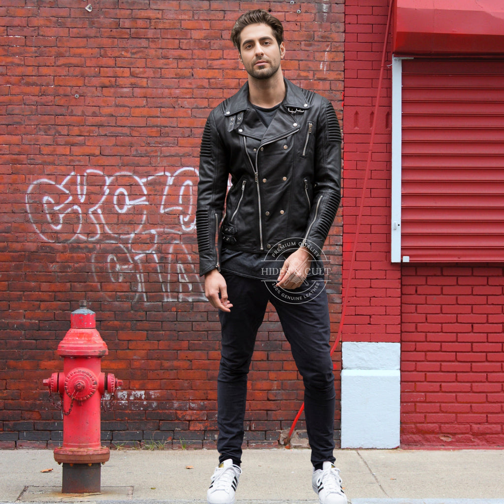 Mens Black Slim Fit Motorcycle Biker Leather Jacket