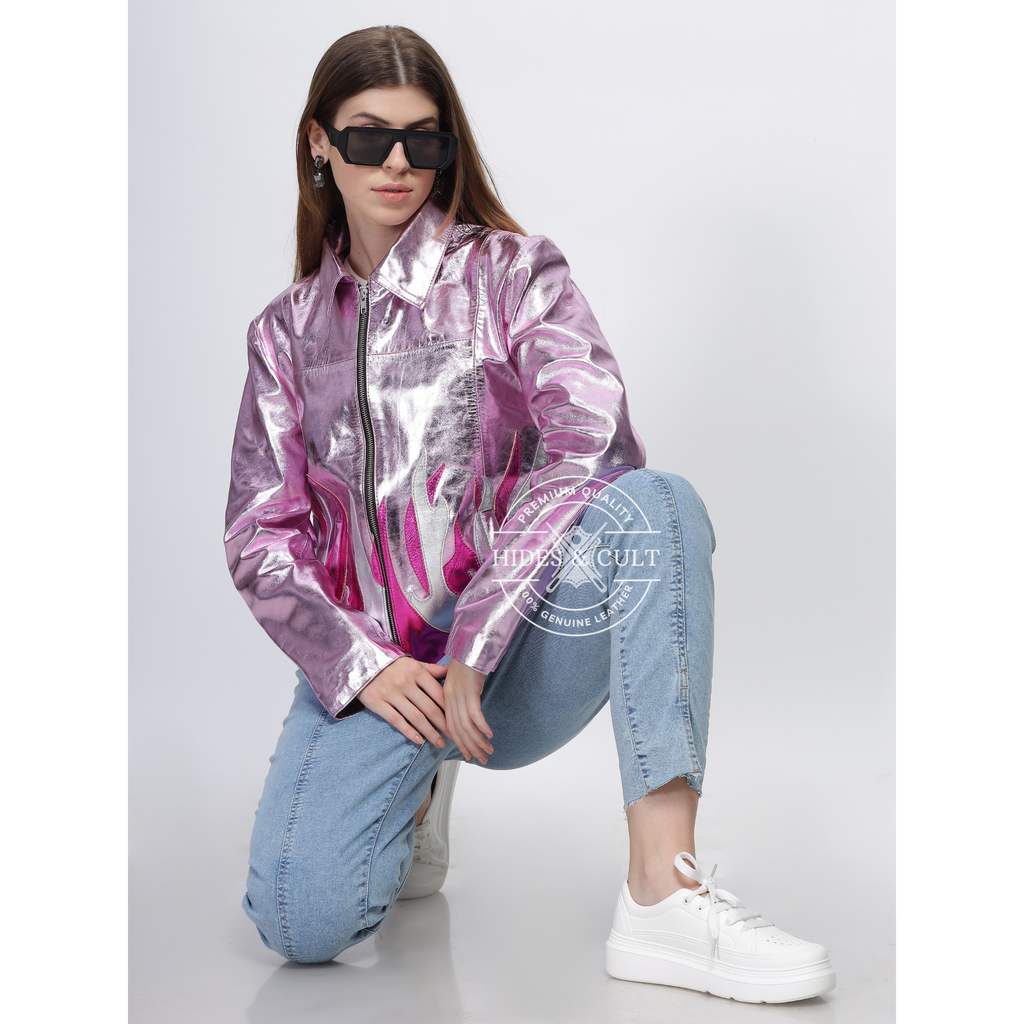 Womens Pink Metallic Foil Fire Effect Genuine Leather Jacket