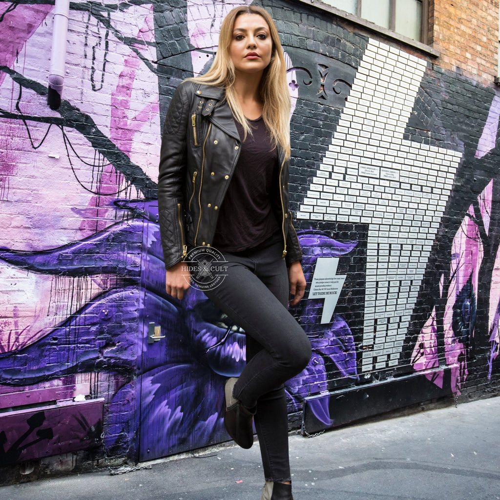 Womens Black Gold Plated Hardware Quilted Effect Genuine Leather Jacket