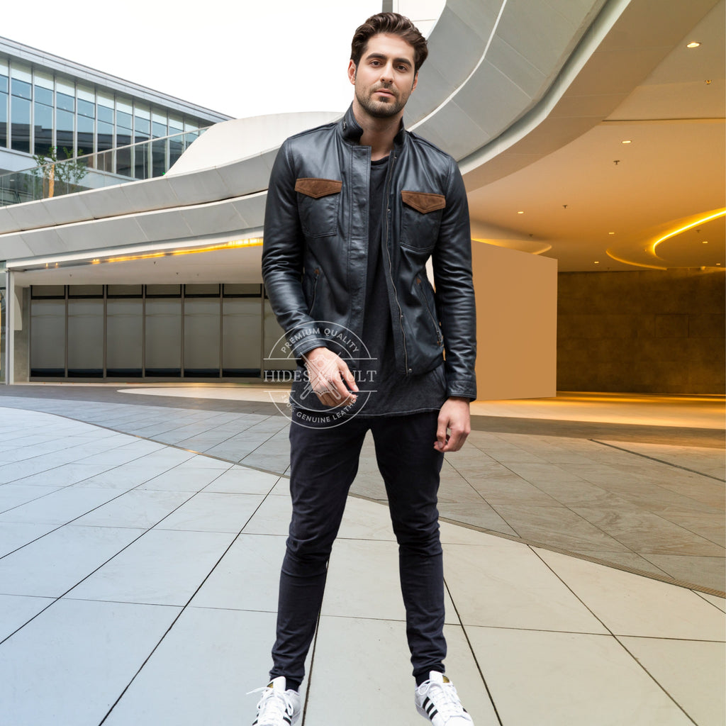 Mens Black - Brown Suede Patch Pocket Genuine Leather Jacket